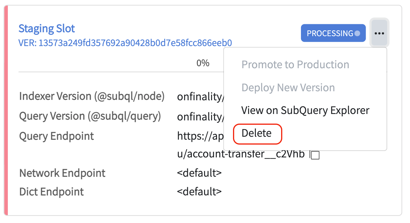 Deleting a project from the staging slot